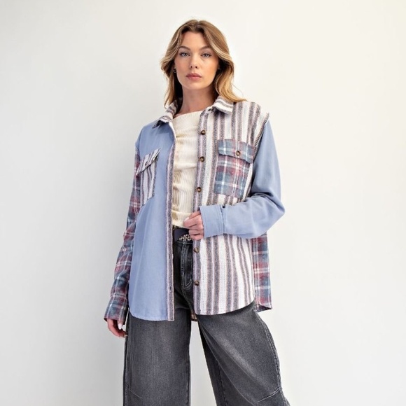 NEW EASEL PLAID AND STRIPED PATTERNS STAR PATCHWORK BUTTON DOWN SHAKET SMALL - Picture 4 of 8